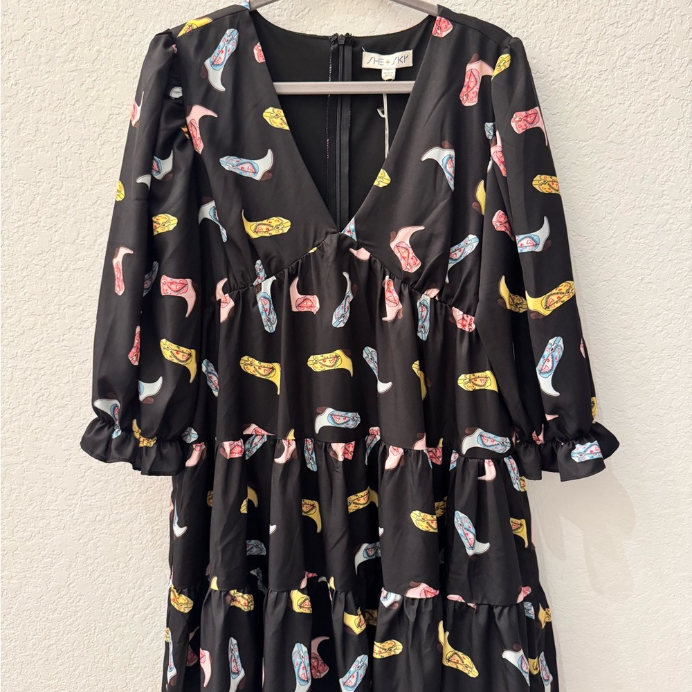 She + Sky Black Dress TIERED COWBOY BOOTS PRINT DRESS